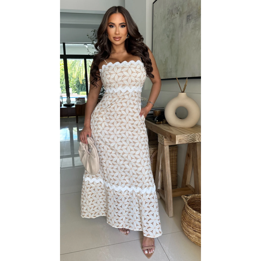 Carmel Lace Floral Eyelet Maxi Dress