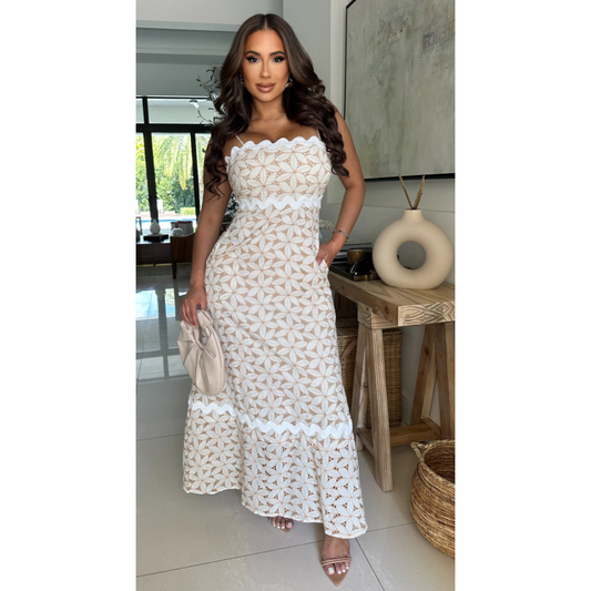 Carmel Lace Floral Eyelet Maxi Dress