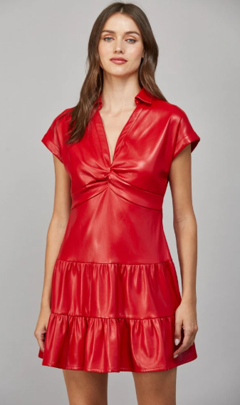 Faux Leather Twist Mini Pinch Dress
