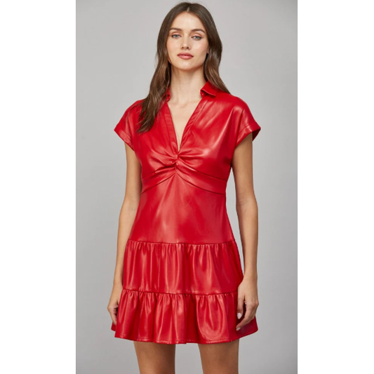 Faux Leather Twist Mini Pinch Dress