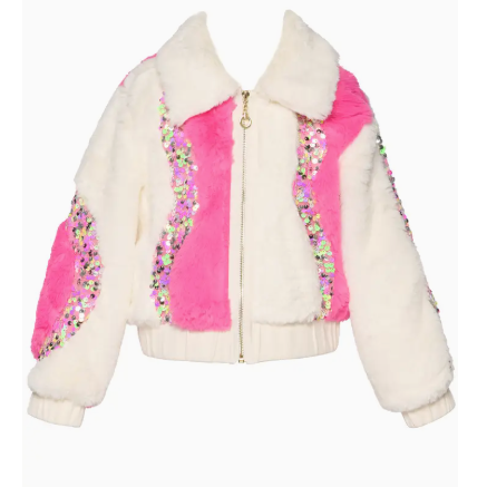 White Smoke HANNAH BANANA 2-TONE Faux Fur Bomber Jacket w/ Sequin Detail