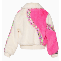 White Smoke HANNAH BANANA 2-TONE Faux Fur Bomber Jacket w/ Sequin Detail