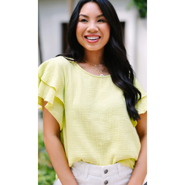 Antique White It's All True Lime Green Ruffled Gauze Top