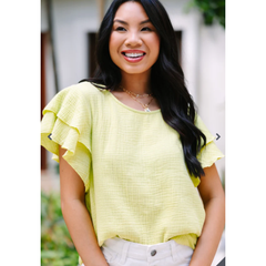 Antique White It's All True Lime Green Ruffled Gauze Top