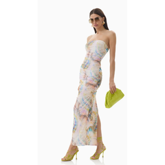 White Smoke AFRM Marlo Ruched Mesh Strapless Maxi Dress