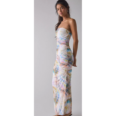 Gray AFRM Marlo Ruched Mesh Strapless Maxi Dress