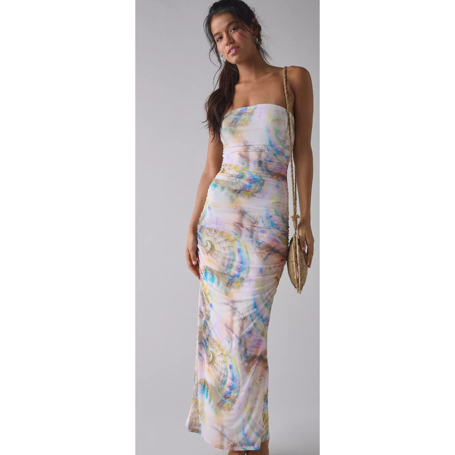 Gray AFRM Marlo Ruched Mesh Strapless Maxi Dress