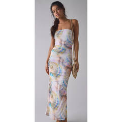 Gray AFRM Marlo Ruched Mesh Strapless Maxi Dress