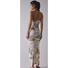 Gray AFRM Marlo Ruched Mesh Strapless Maxi Dress
