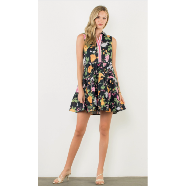THML Black Ruffle Floral Print Sleeveless Dress
