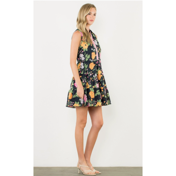 THML Black Ruffle Floral Print Sleeveless Dress