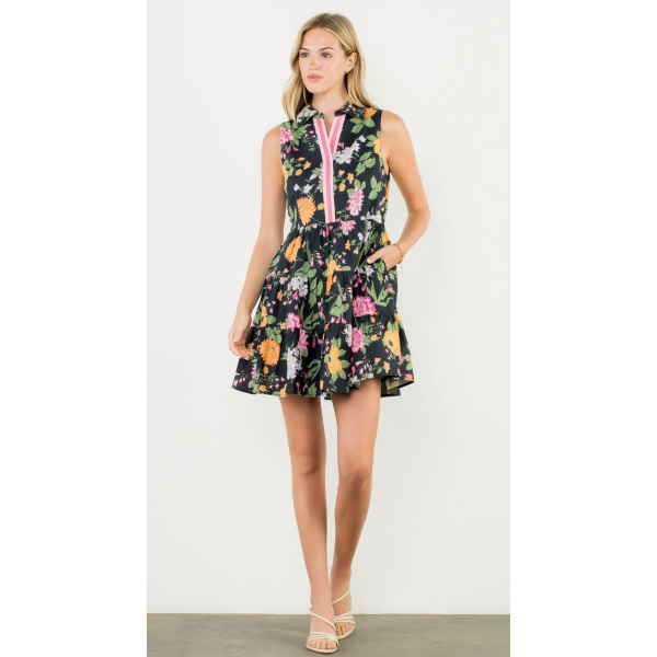 THML Black Ruffle Floral Print Sleeveless Dress