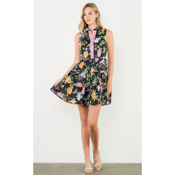 THML Black Ruffle Floral Print Sleeveless Dress