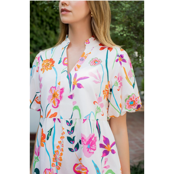 3/4 Puff Sleeve Tiered Floral Dress