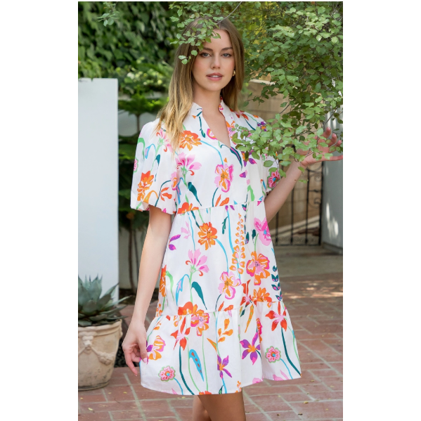 3/4 Puff Sleeve Tiered Floral Dress