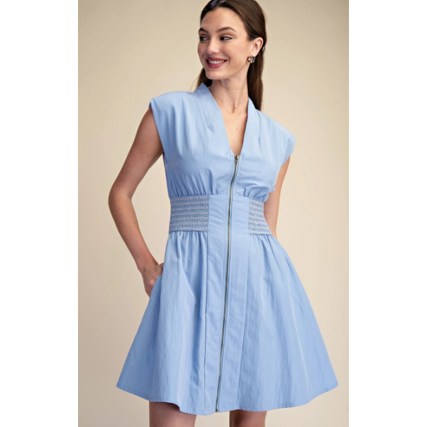 V-Neck Front Zip Waist Smocked Shoulder Pad Mini Dress