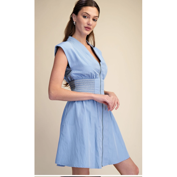 V-Neck Front Zip Waist Smocked Shoulder Pad Mini Dress