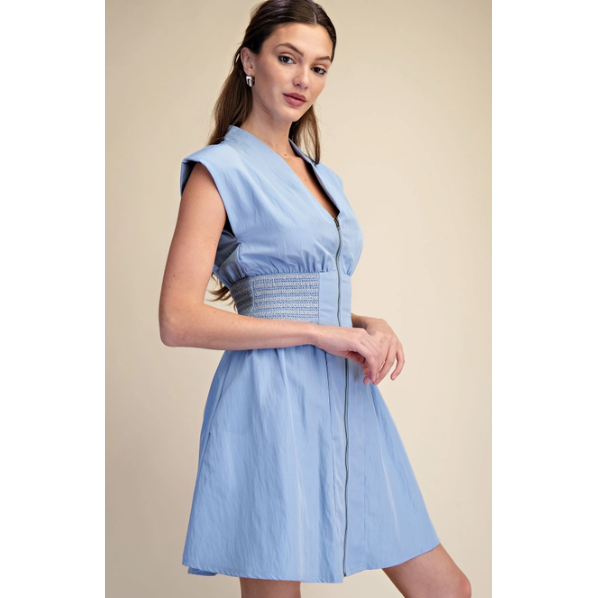 V-Neck Front Zip Waist Smocked Shoulder Pad Mini Dress