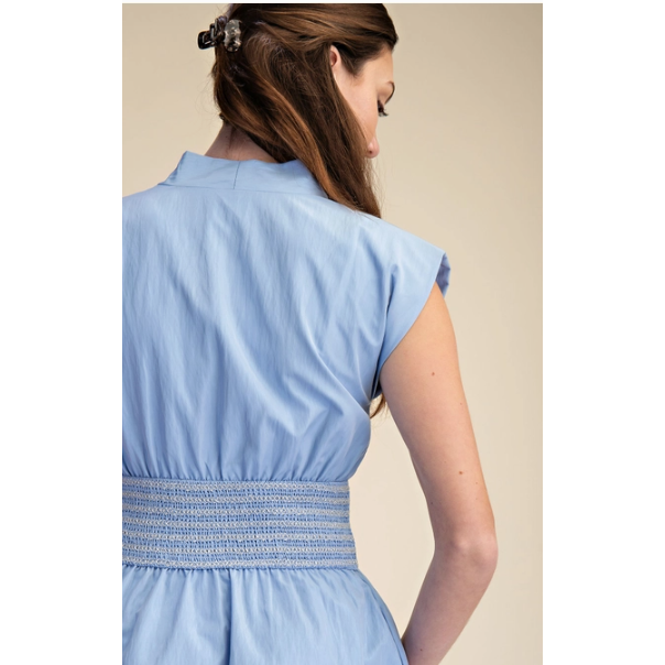 V-Neck Front Zip Waist Smocked Shoulder Pad Mini Dress