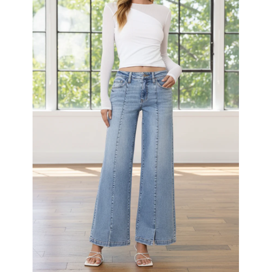 Light Gray Vervet Split Hem Wide Leg Jean