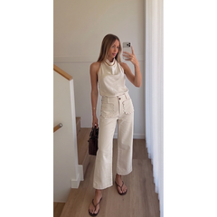 Wide Leg Scallop Pocket Pants in Bone