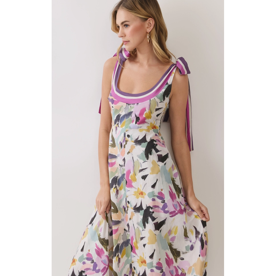 Light Gray Chloe Pressed Flower Square Neck Midi