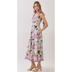 Light Gray Chloe Pressed Flower Square Neck Midi