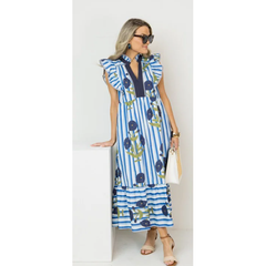 Lavender Blue Meadow Stripe Midi Dress