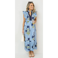 Lavender Blue Meadow Stripe Midi Dress