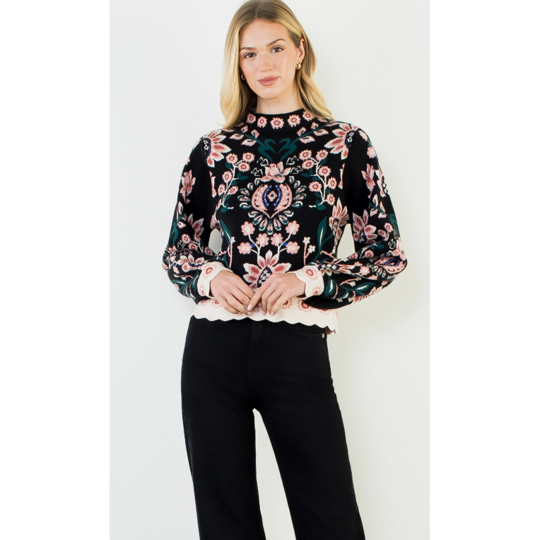 THML High Neck Long Sleeve Floral Sweater