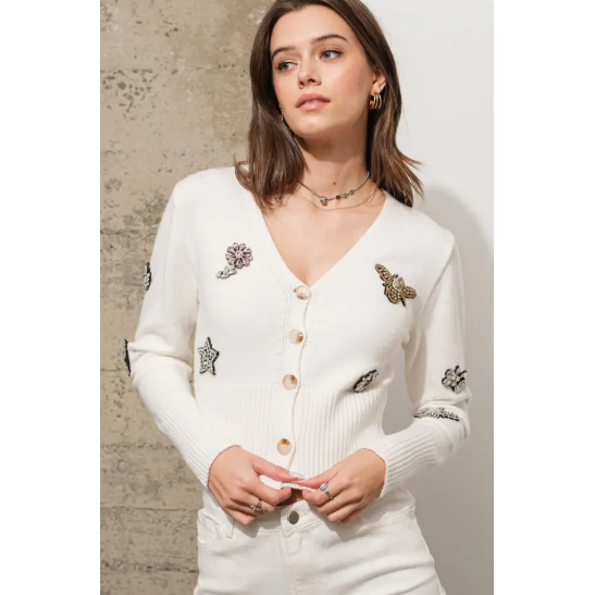 Beaded Flower Bee Star Sweater Cardigan