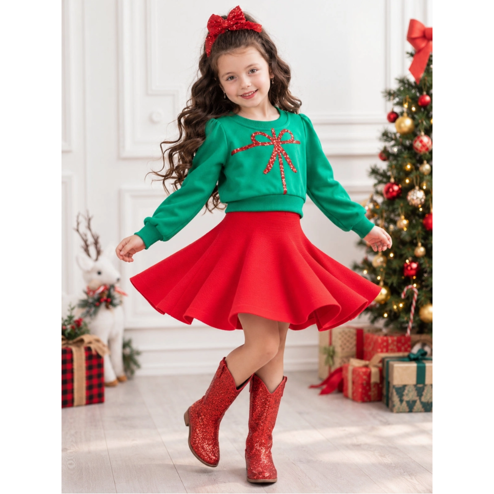 Mia Bella Girls Luxe Green Sequin Bow Sweatshirt and Red Skirt Christmas Set