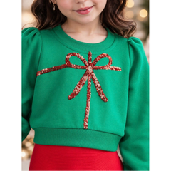 Mia Bella Girls Luxe Green Sequin Bow Sweatshirt and Red Skirt Christmas Set