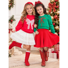 Mia Bella Girls Luxe Green Sequin Bow Sweatshirt and Red Skirt Christmas Set