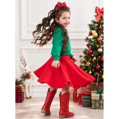 Mia Bella Girls Luxe Green Sequin Bow Sweatshirt and Red Skirt Christmas Set
