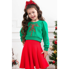Mia Bella Girls Luxe Green Sequin Bow Sweatshirt and Red Skirt Christmas Set