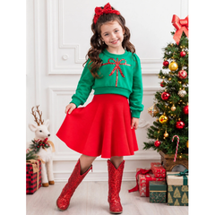 Mia Bella Girls Luxe Green Sequin Bow Sweatshirt and Red Skirt Christmas Set