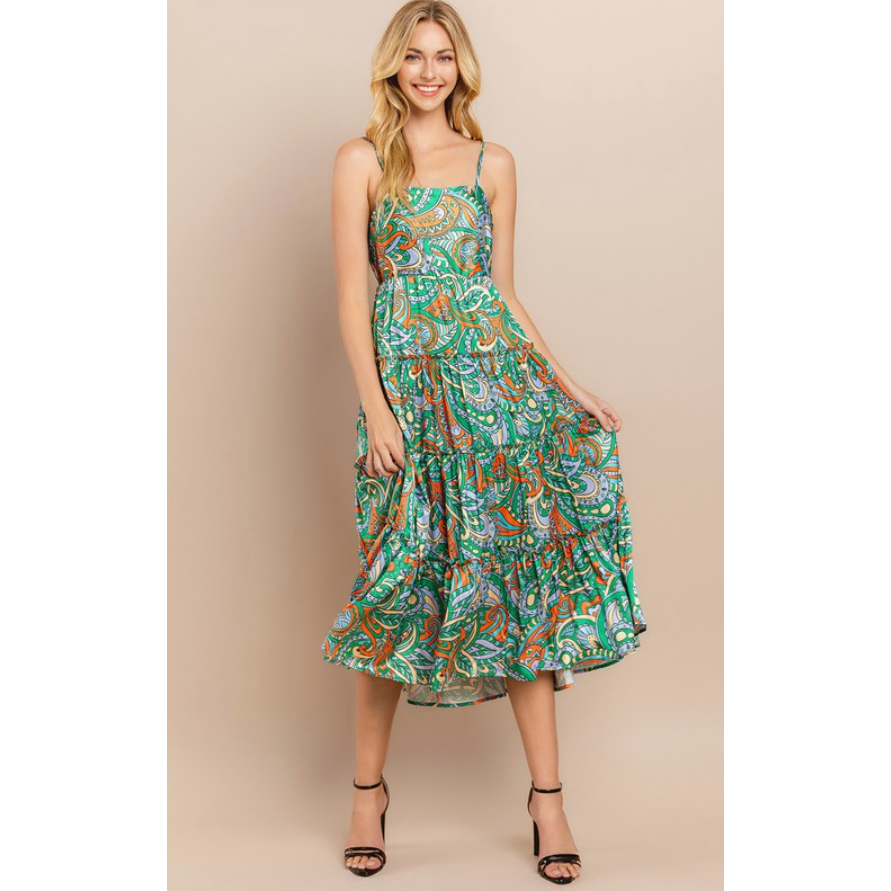 Green Paisley Spaghetti Strap Tiered Dress