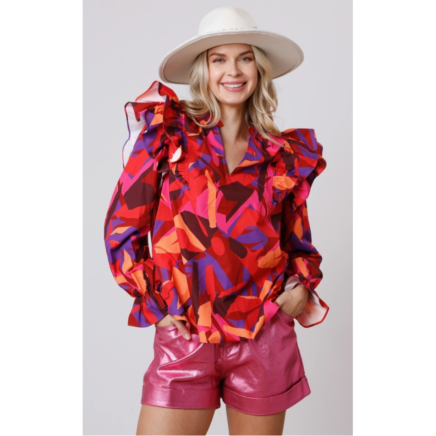 Make A Statement Abstract Print Ruffle Long Sleeve Blouse