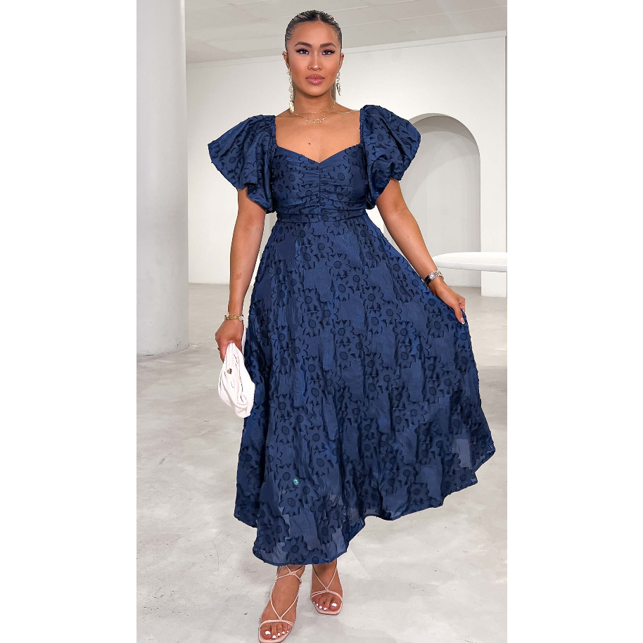 Shira Off /On The Shoulder Puff Sleeve Embroidered Midi Dress