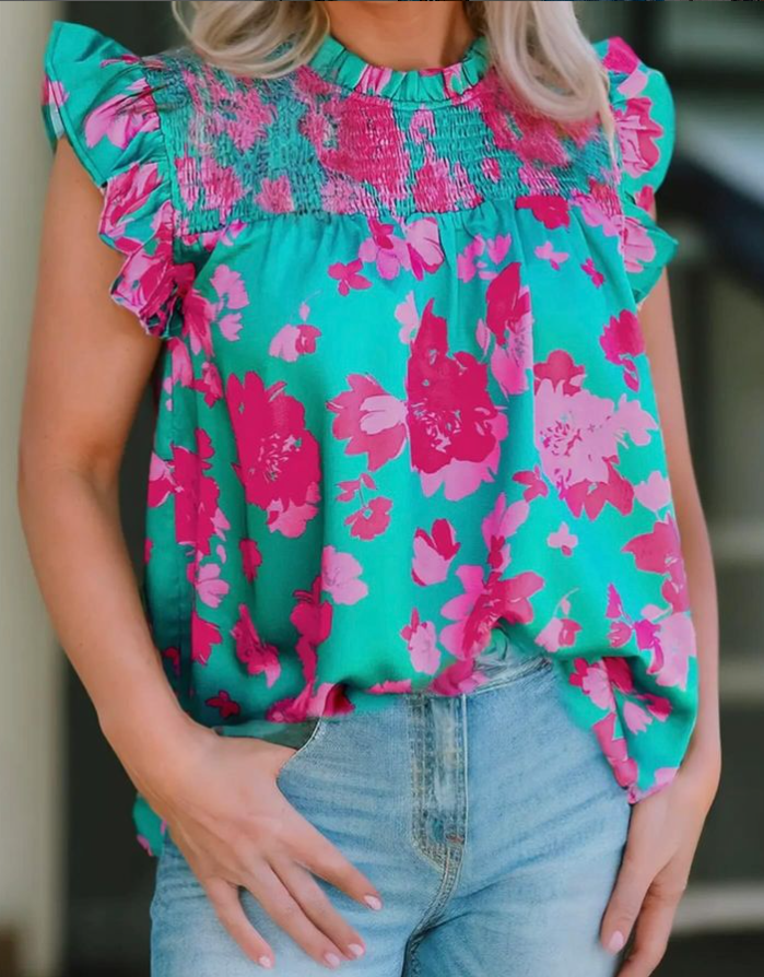 Turquoise Floral Ruffled Flutter Sleeve Top