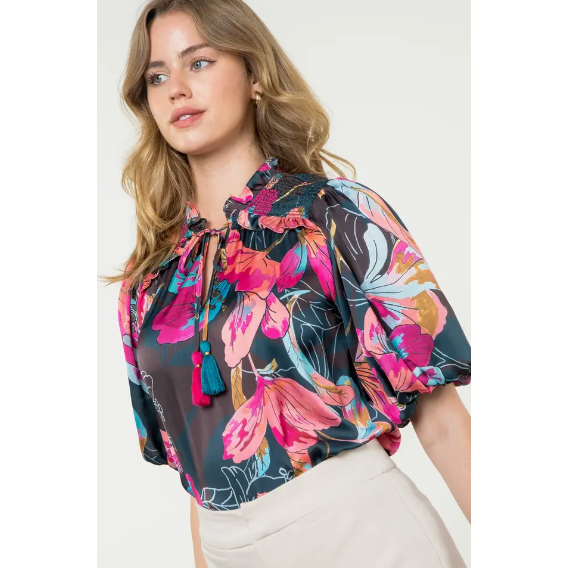 THML BLACK Multi Color Floral Print Puff Sleeve Top