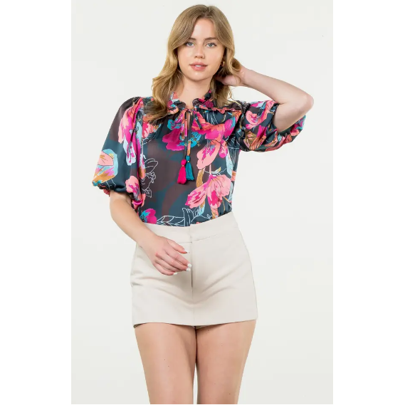 THML BLACK Multi Color Floral Print Puff Sleeve Top