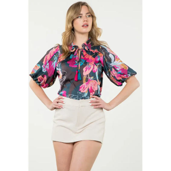 THML BLACK Multi Color Floral Print Puff Sleeve Top