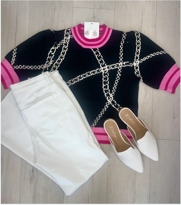 Black Chain Print Sweater Black & Pink