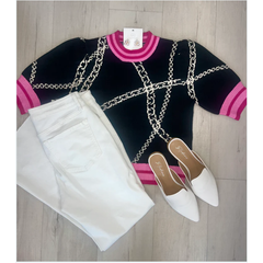 Dark Gray Black Chain Print Sweater Black & Pink