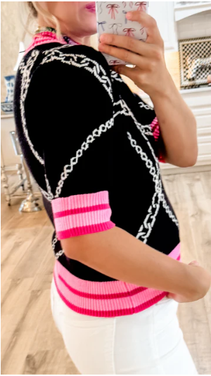 Black Chain Print Sweater Black & Pink