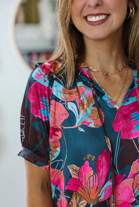 THML BLACK Multi Color Floral Print Puff Sleeve Top