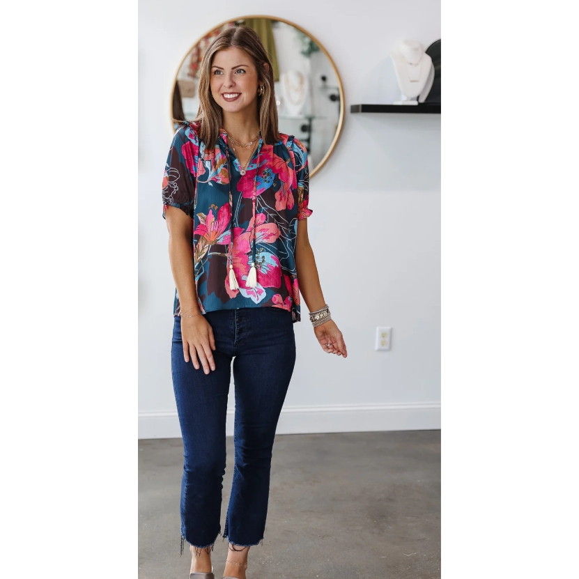 THML BLACK Multi Color Floral Print Puff Sleeve Top