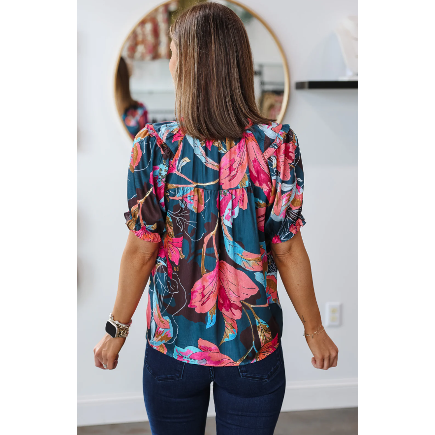 THML BLACK Multi Color Floral Print Puff Sleeve Top